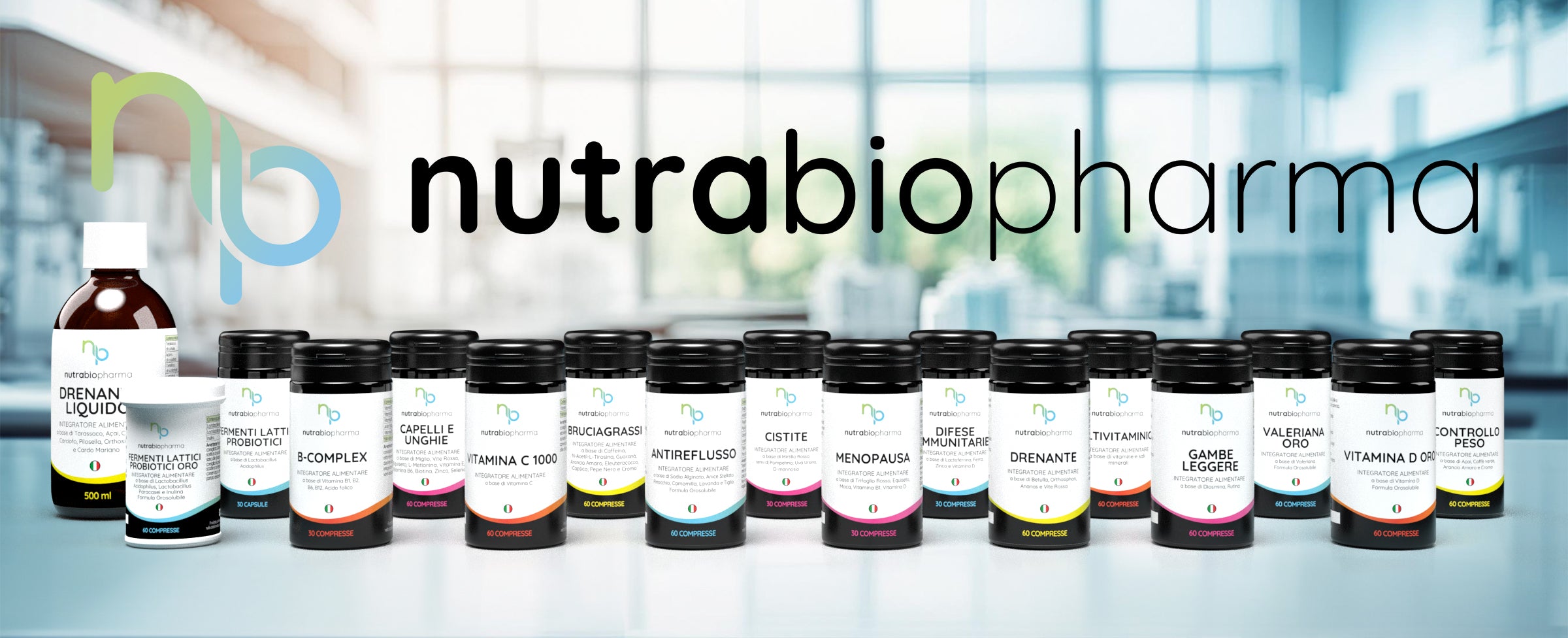 Tutti i prodotti di Nutrabiopharma disposti su un tavolo