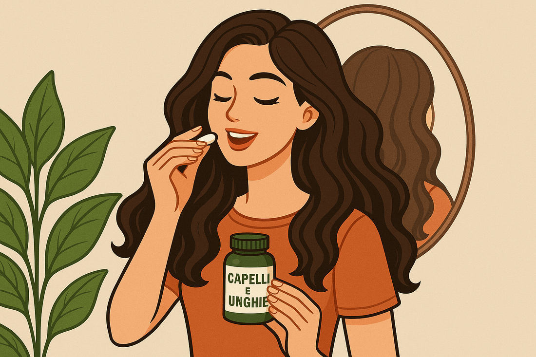 Illustrazione di una donna sorridente con lunghi capelli castani e unghie curate mentre prende una pastiglia da un flacone di integratori con l’etichetta 'Capelli e Unghie'. Sullo sfondo si vede uno specchio che riflette i suoi capelli e una pianta verde.