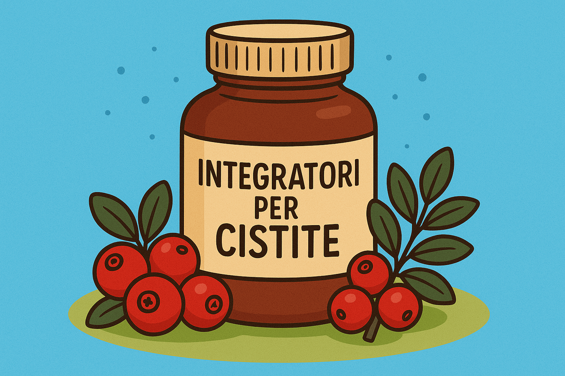 Illustrazione in stile cartone di un flacone di integratori alimentari con l'etichetta "INTEGRATORI PER CISTITE", circondato da bacche rosse di mirtillo rosso e uva ursina con foglie verdi, su sfondo azzurro con base verde chiaro.