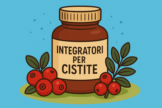 Illustrazione in stile cartone di un flacone di integratori alimentari con l'etichetta "INTEGRATORI PER CISTITE", circondato da bacche rosse di mirtillo rosso e uva ursina con foglie verdi, su sfondo azzurro con base verde chiaro.