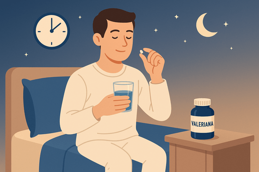 Uomo seduto su un letto mentre tiene una pillola in una mano e un bicchiere d'acqua nell'altra. Sul comodino c'è una bottiglia di integratori con etichetta "Valeriana". Sullo sfondo un cielo notturno con luna e stelle e un orologio