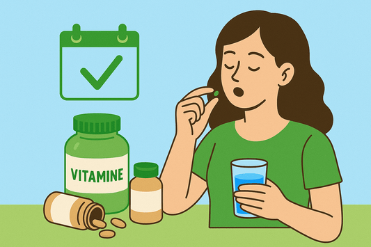 Illustrazione di una donna che assume degli integratori. La donna è seduta a un tavolo verde con bottiglie di vitamine etichettate “Vitamine”.