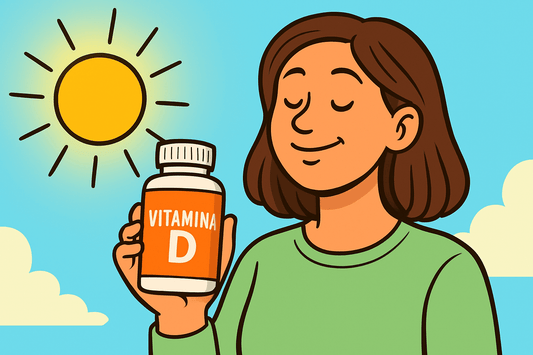 Illustrazione di una donna che sorride mentre tiene in mano una confezione di integratori vitamina D, con il sole splendente sullo sfondo.