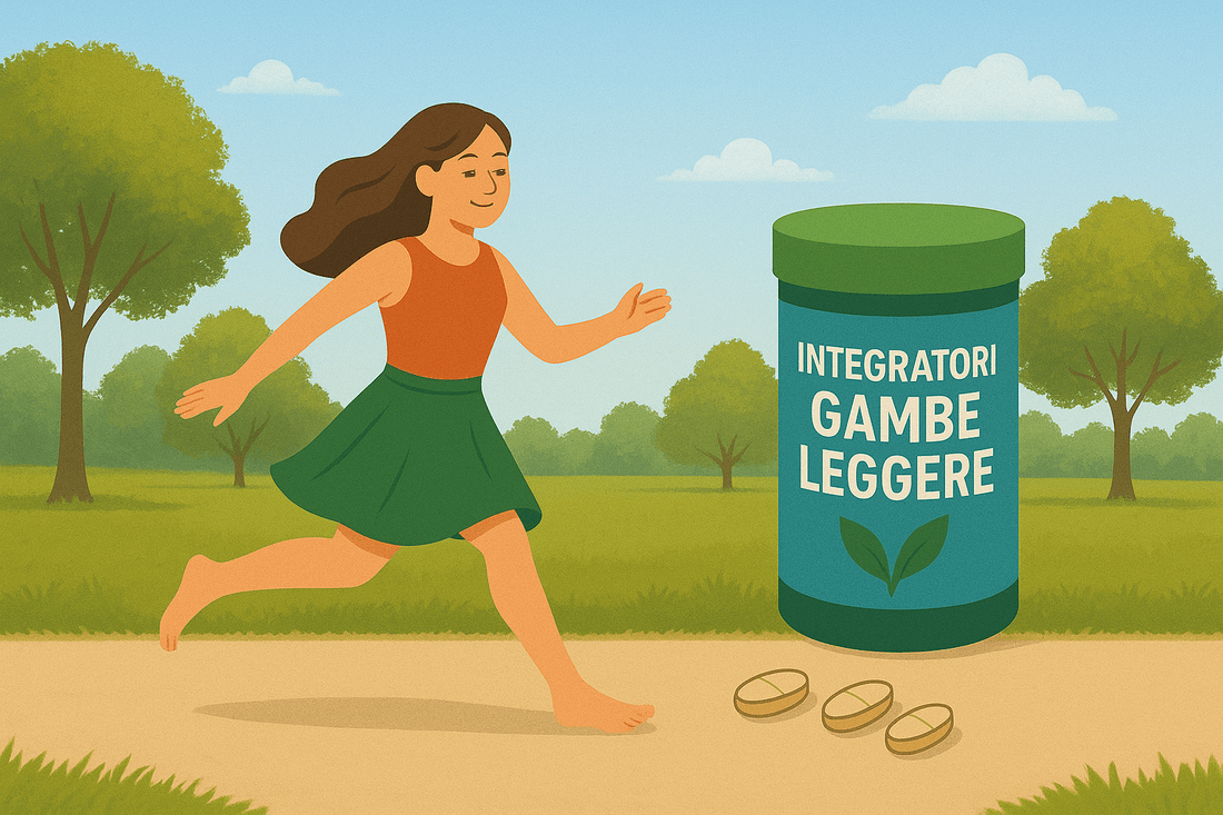 Illustrazione di una donna che corre leggera in un parco con una confezione cilindrica verde e azzurra di “Integratori Gambe Leggere” e 3 pillole accanto a lei.