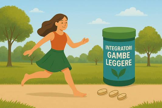 Illustrazione di una donna che corre leggera in un parco con una confezione cilindrica verde e azzurra di “Integratori Gambe Leggere” e 3 pillole accanto a lei.