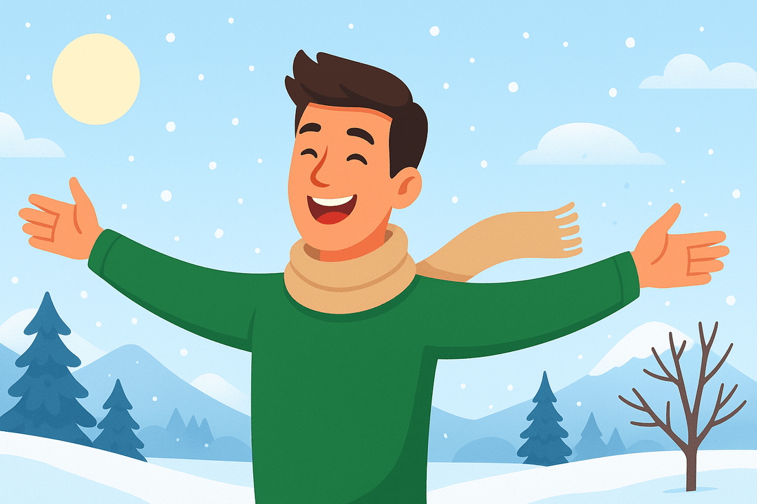 Illustrazione di un uomo sorridente con maglione verde e sciarpa beige, a braccia aperte in un paesaggio invernale con neve, alberi e montagne sullo sfondo.