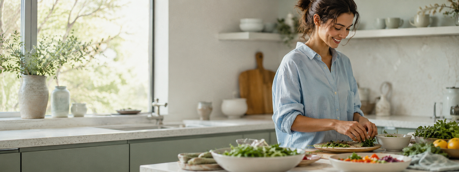 Preparazione di un pasto fresco e sano in cucina, controllo del peso e metabolismo - Nutrabiopharma