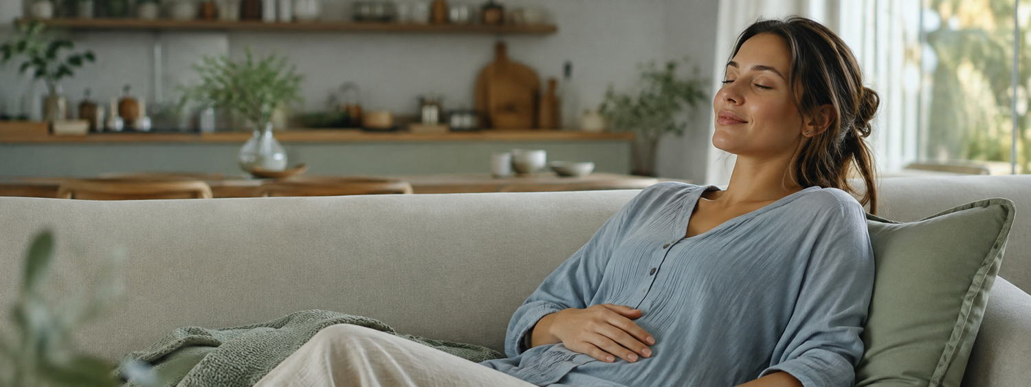 Donna serena a casa dopo il pasto, benessere digestivo - Nutrabiopharma
