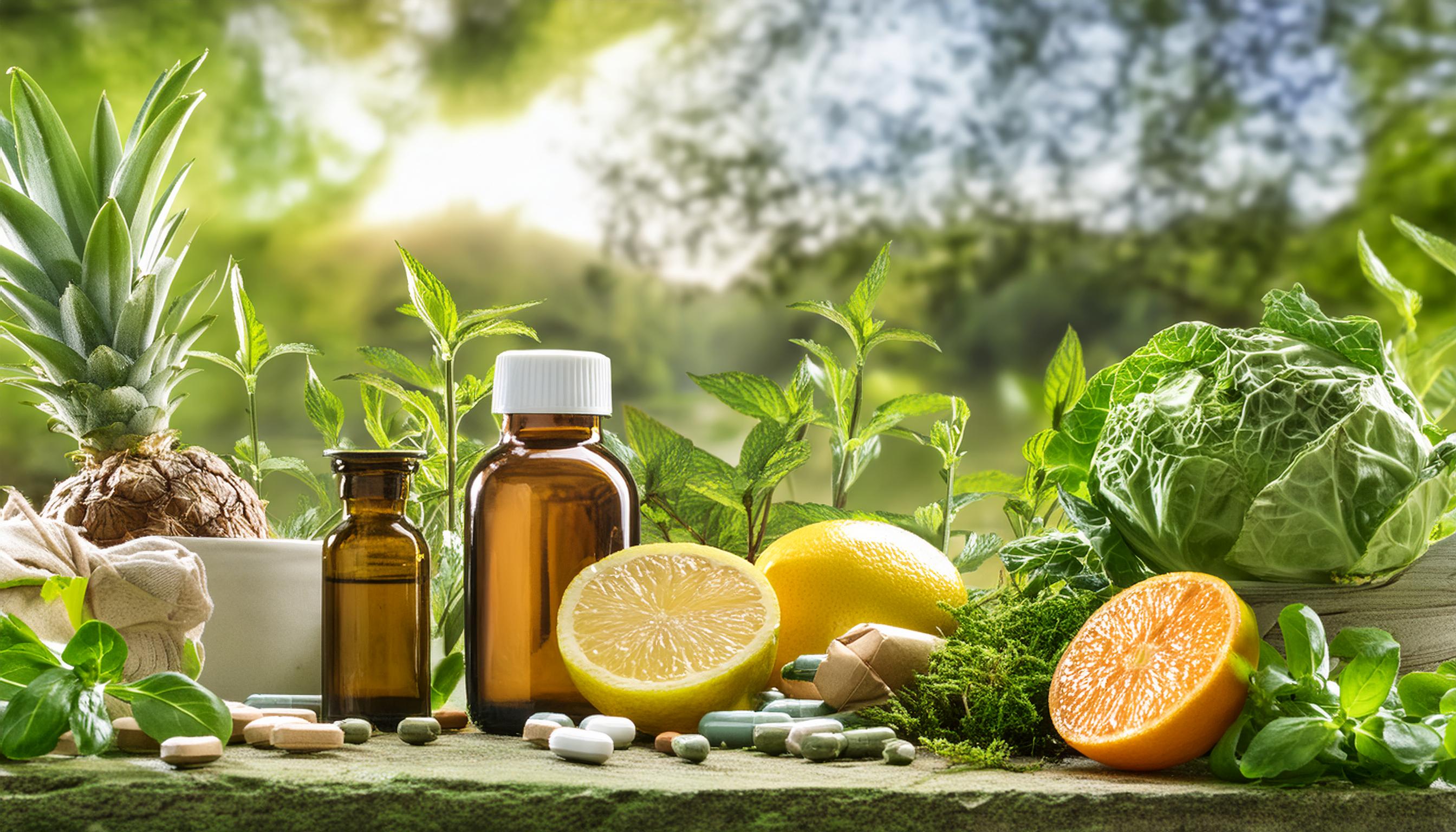 Immagine di natura morta con frutta e integratori
